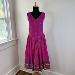 Vintage Southwestern Aztec 100% Cotton Drop Waist Midi Dress